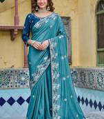 Teal silk blend embroidered saree with thread work