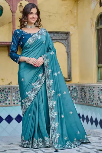 Teal silk blend embroidered saree with thread work