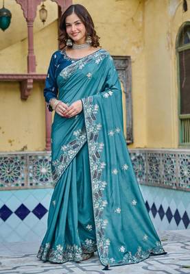 Teal silk blend embroidered saree with thread work 4