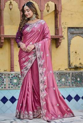 Pink silk blend embroidered saree with thread work 1