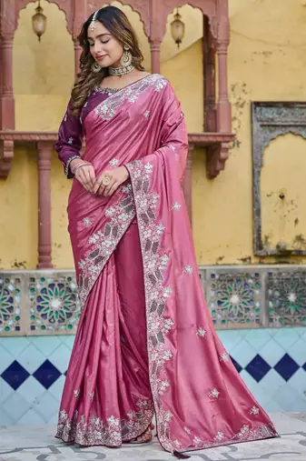 Pink silk blend embroidered saree with thread work