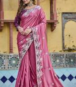 Pink silk blend embroidered saree with thread work