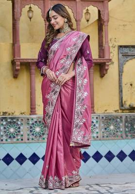 Pink silk blend embroidered saree with thread work 2