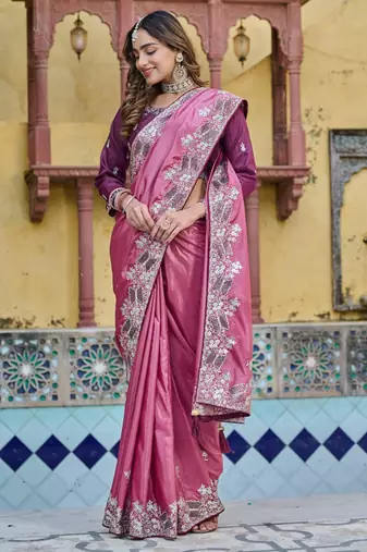 Pink silk blend embroidered saree with thread work
