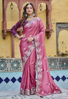 Pink silk blend embroidered saree with thread work 3