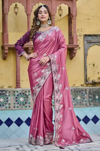 Pink silk blend embroidered saree with thread work