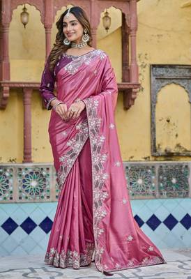 Pink silk blend embroidered saree with thread work 4