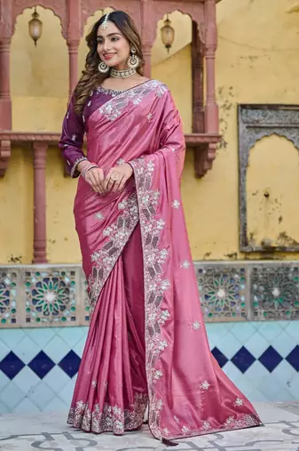 Pink silk blend embroidered saree with thread work
