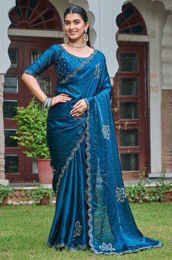 Teal silk blend embroidered saree with thread work
