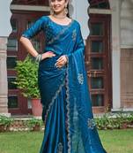 Teal silk blend embroidered saree with thread work