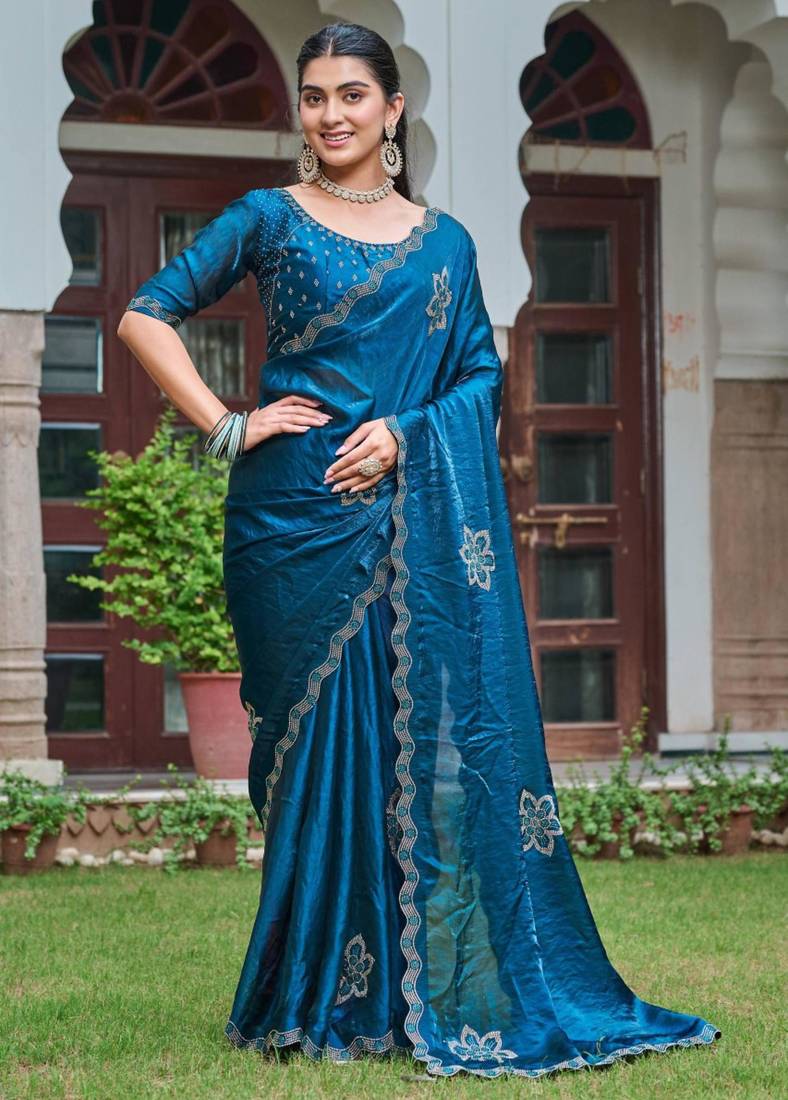 Teal silk blend embroidered saree with thread work