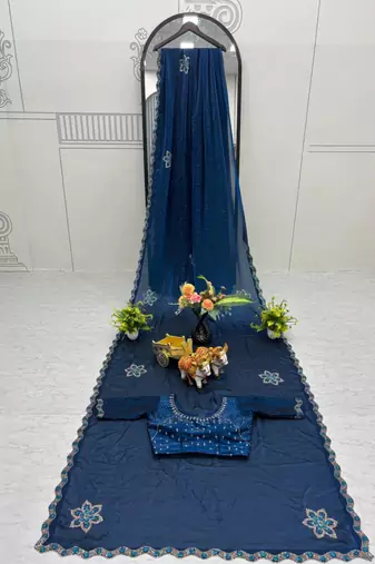 Teal silk blend embroidered saree with thread work