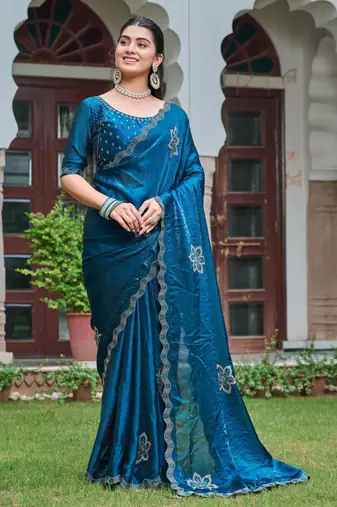 Teal silk blend embroidered saree with thread work