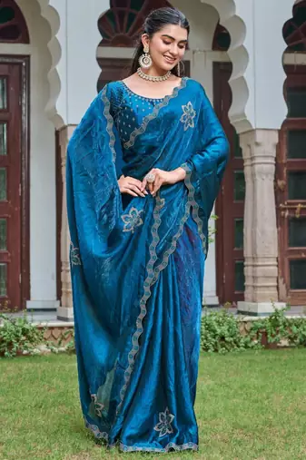 Teal silk blend embroidered saree with thread work