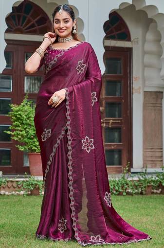 Wine silk blend embroidered saree with thread work