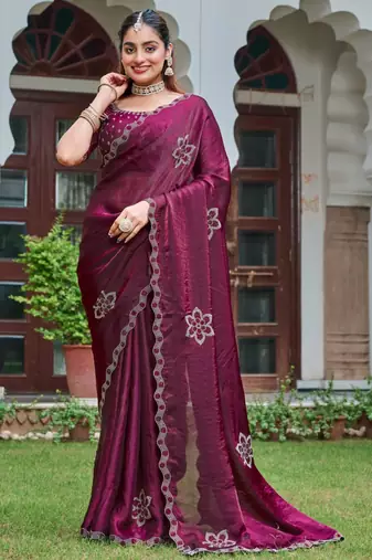 Wine silk blend embroidered saree with thread work