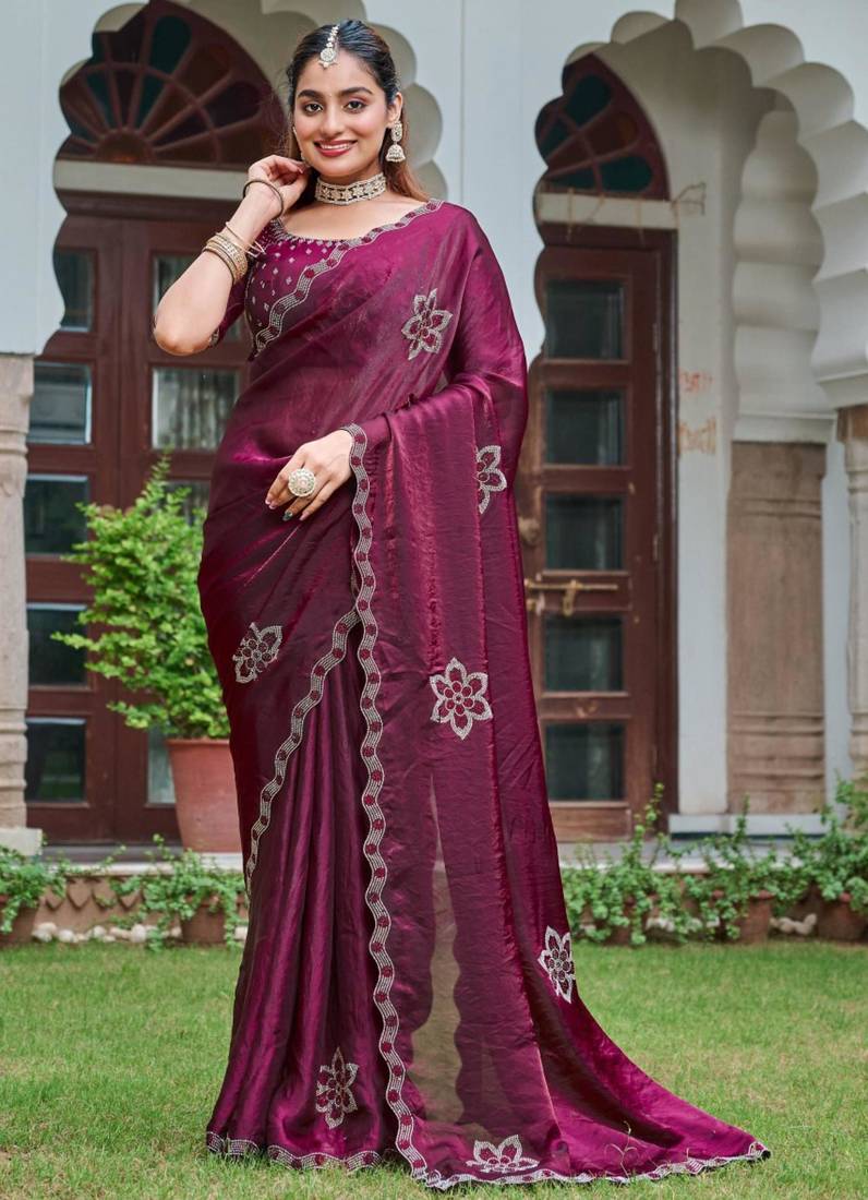 Wine silk blend embroidered saree with thread work