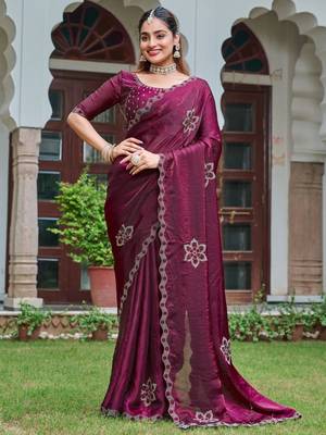 Wine silk blend embroidered saree with thread work 2