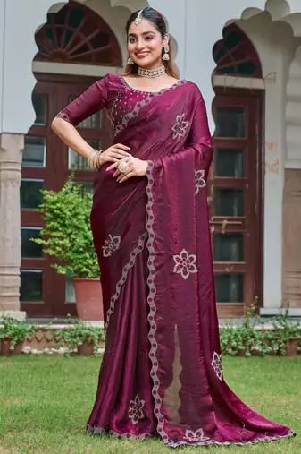 Wine silk blend embroidered saree with thread work