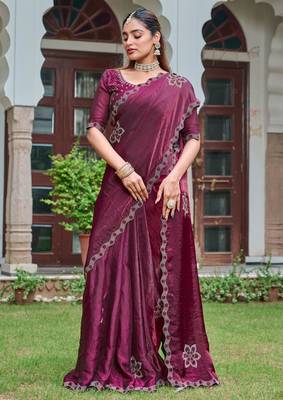 Wine silk blend embroidered saree with thread work 3