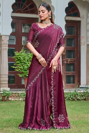 Wine silk blend embroidered saree with thread work