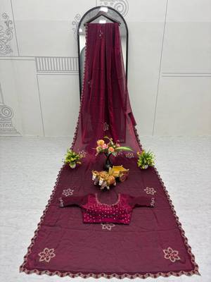 Wine silk blend embroidered saree with thread work 4