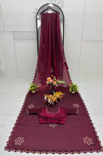 Wine silk blend embroidered saree with thread work