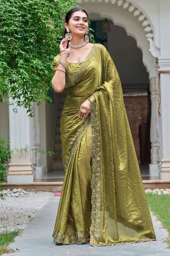 Olive silk blend embroidered saree with sequins work