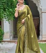 Olive silk blend embroidered saree with sequins work