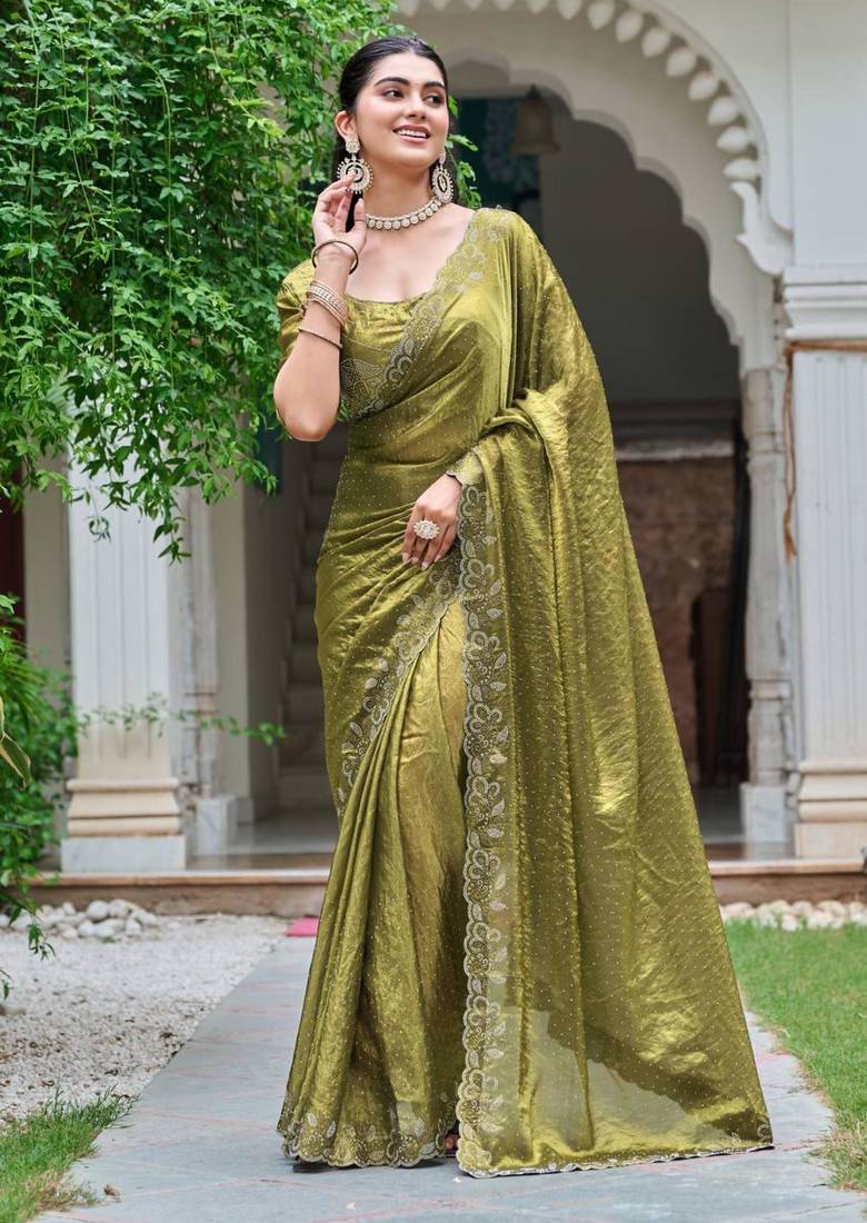 Olive silk blend embroidered saree with sequins work