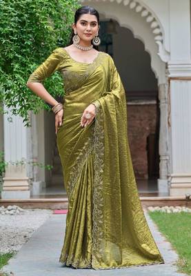 Olive silk blend embroidered saree with sequins work 2