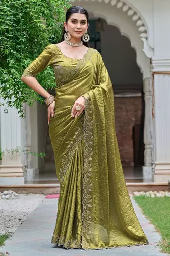 Olive silk blend embroidered saree with sequins work
