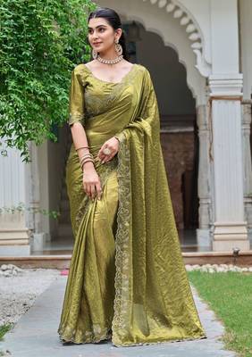 Olive silk blend embroidered saree with sequins work 3