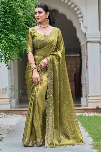 Olive silk blend embroidered saree with sequins work