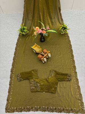 Olive silk blend embroidered saree with sequins work 4