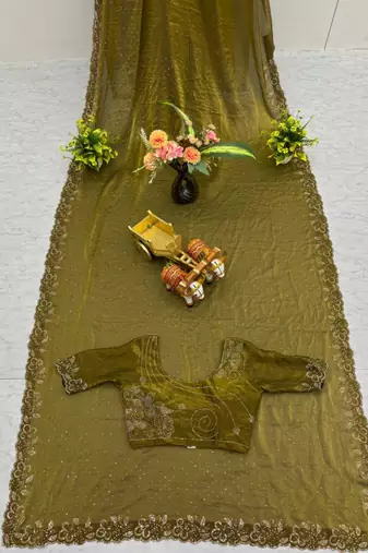 Olive silk blend embroidered saree with sequins work