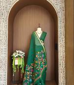 Green silk blend printed saree with zari work