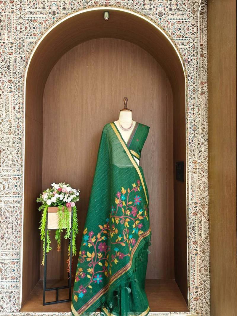Green silk blend printed saree with zari work