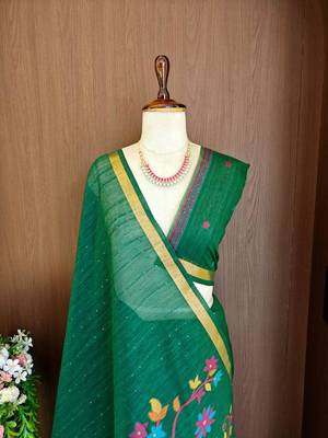 Green silk blend printed saree with zari work 2