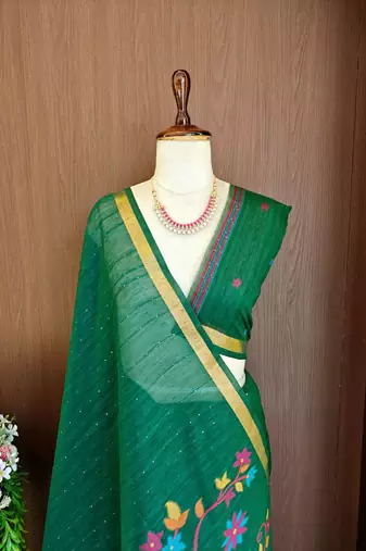 Green silk blend printed saree with zari work