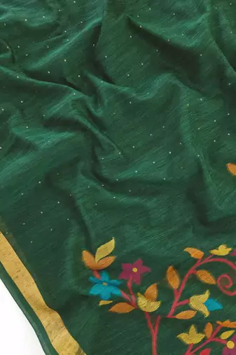 Green silk blend printed saree with zari work