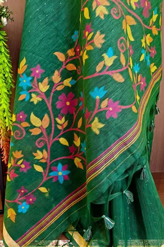 Green silk blend printed saree with zari work