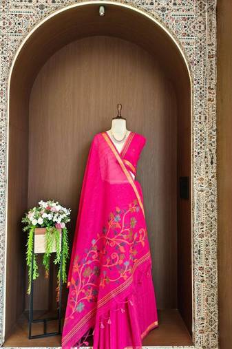 Pink silk blend printed saree with zari work
