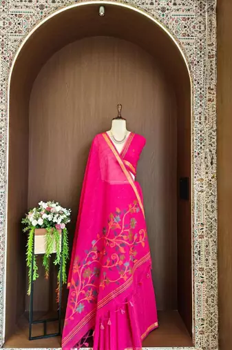 Pink silk blend printed saree with zari work