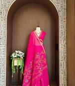 Pink silk blend printed saree with zari work