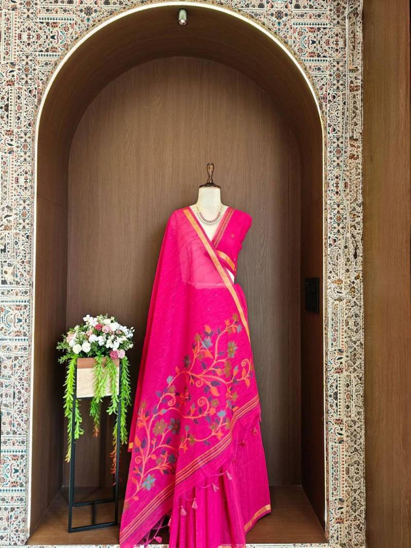 Pink silk blend printed saree with zari work