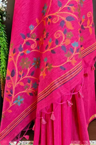 Pink silk blend printed saree with zari work