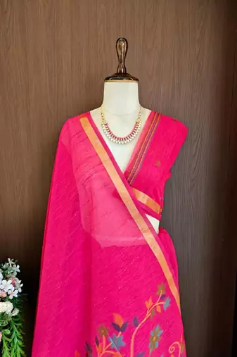 Pink silk blend printed saree with zari work