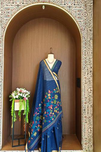 Teal silk blend printed saree with zari work