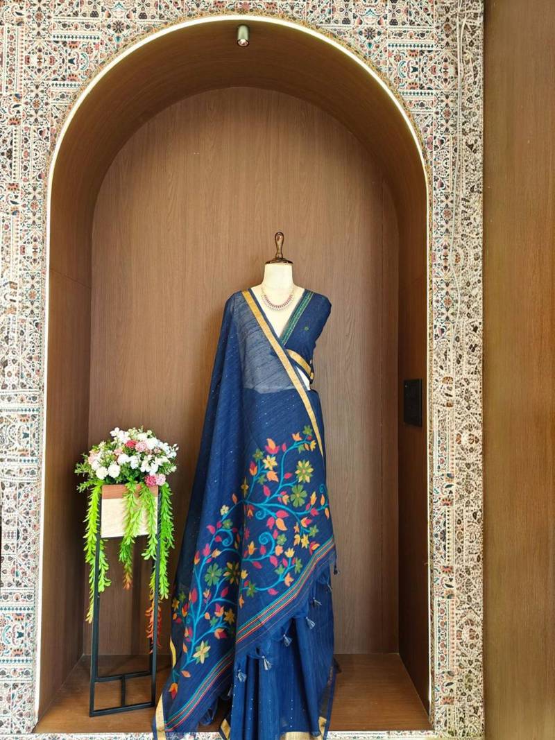 Teal silk blend printed saree with zari work